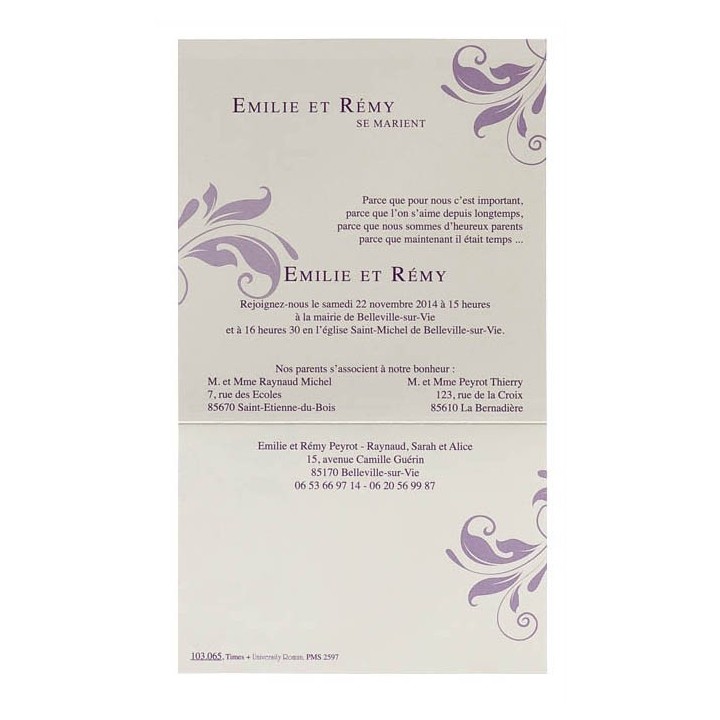 Faire-part mariage CALQUE ARABESQUE ET TEXTE EN VIOLET