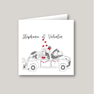 Faire part mariage VOITURE COCCINELLE VW Volkswagen, illustration "Les mariés en voiture" la mythique, fameuse Coccinelle