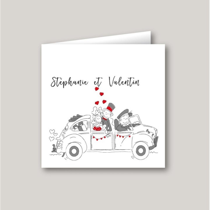 Faire part mariage VOITURE COCCINELLE VW Volkswagen, illustration "Les mariés en voiture" la mythique, fameuse Coccinelle