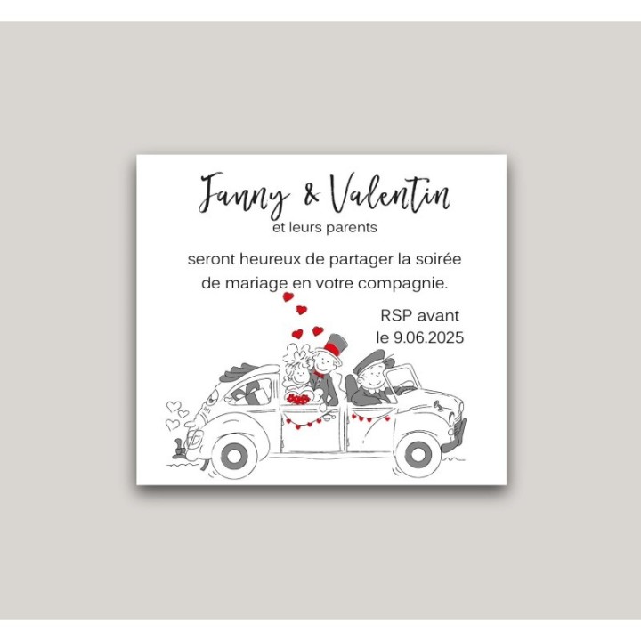 carte mariage VOITURE COCCINELLE VW Volkswagen, illustration "Les mariés en voiture" la mythique, fameuse Coccinelle