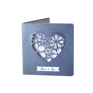 Faire-part mariage CŒUR DÉCOUPE ajouré EN FLEURS  Papier bleu irise, www.imprimeur-graveur-des-alpes.fr