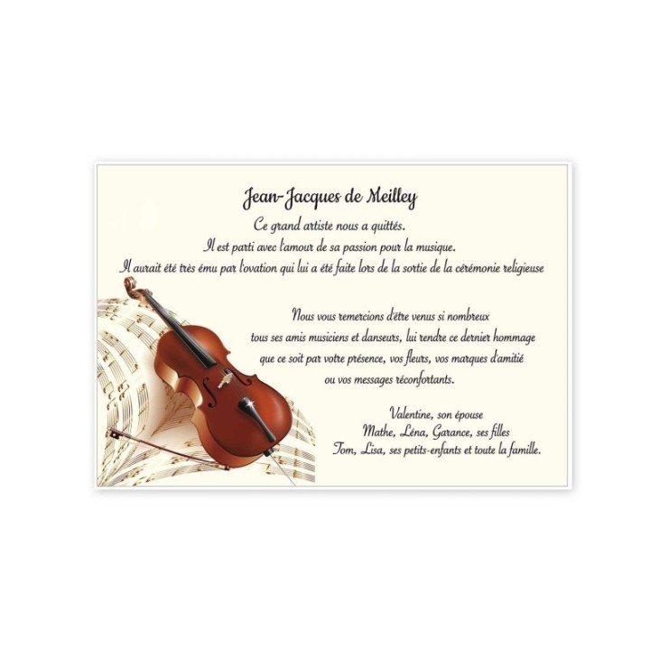 carte remerciements décès, musicien, contrebasse