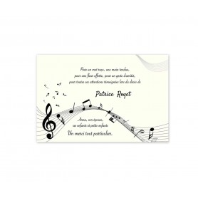CARTE REMERCIEMENTS DÉCÈS, note de musique, musicien et mélomane