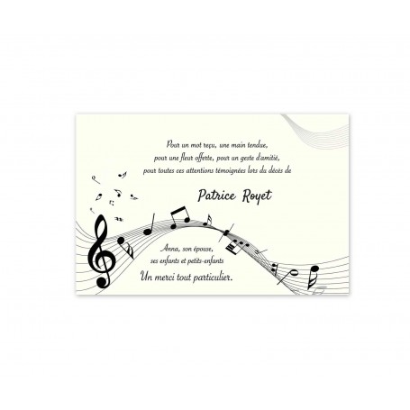 CARTE REMERCIEMENTS DÉCÈS, note de musique, musicien et mélomane