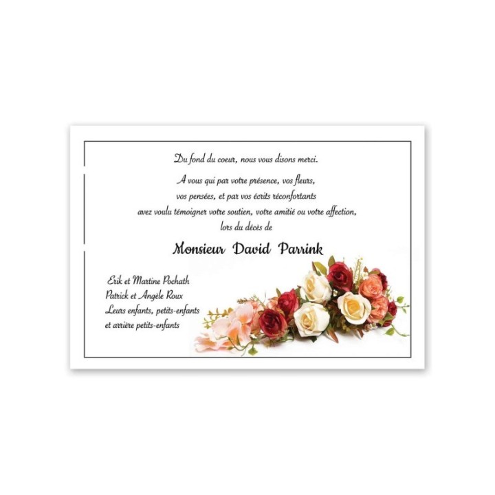 carte remerciements décès,  Gerbe de roses de couleurs imprimeur-graveur-des-alpes.fr