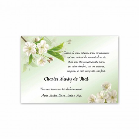 carte remerciements décès, fleur blanche émeraude, senteur du jardin