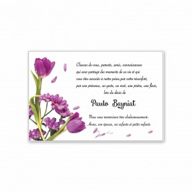 Carte remerciements décès,   bouquet de Tulipes  Rose, violets