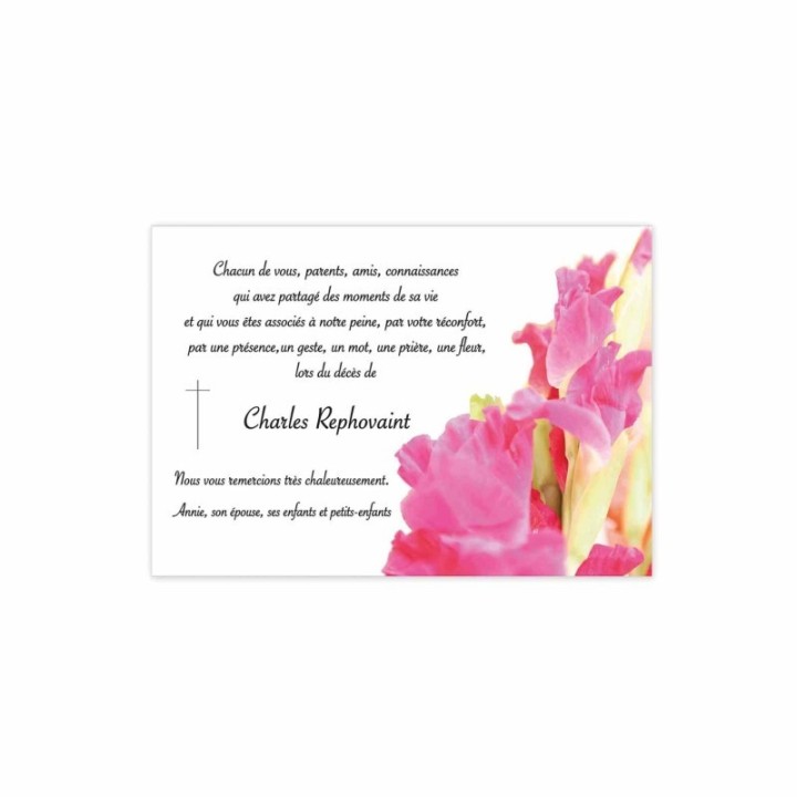 carte remerciements décès, bouquet de fleurs de Glaïeuls  www.imprimeur-graveur-des-alpes.fr