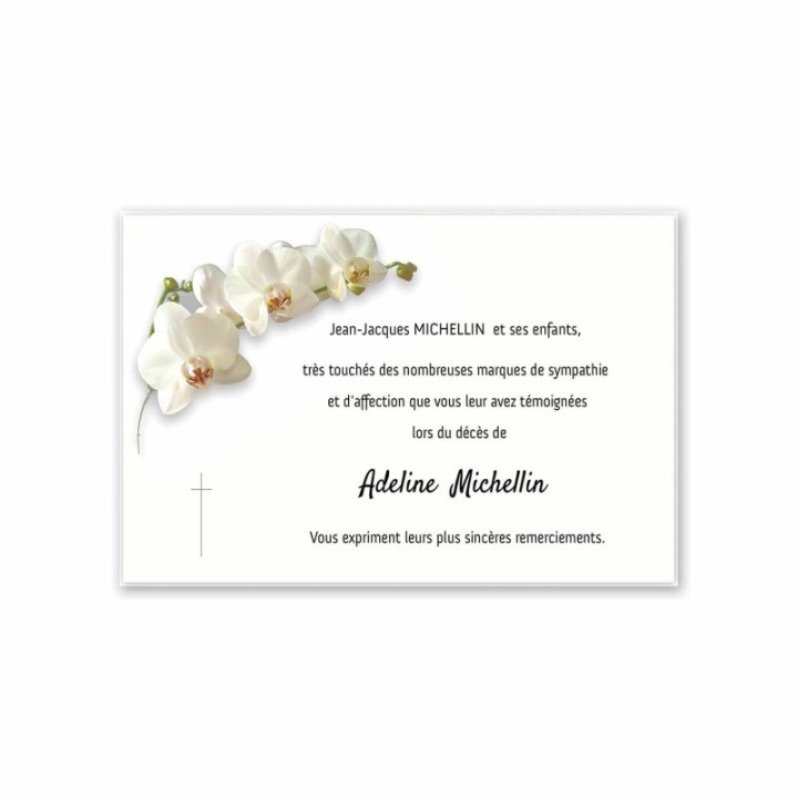 carte remerciements décès, orchidée blanche fleurs, croix catholique personnalise