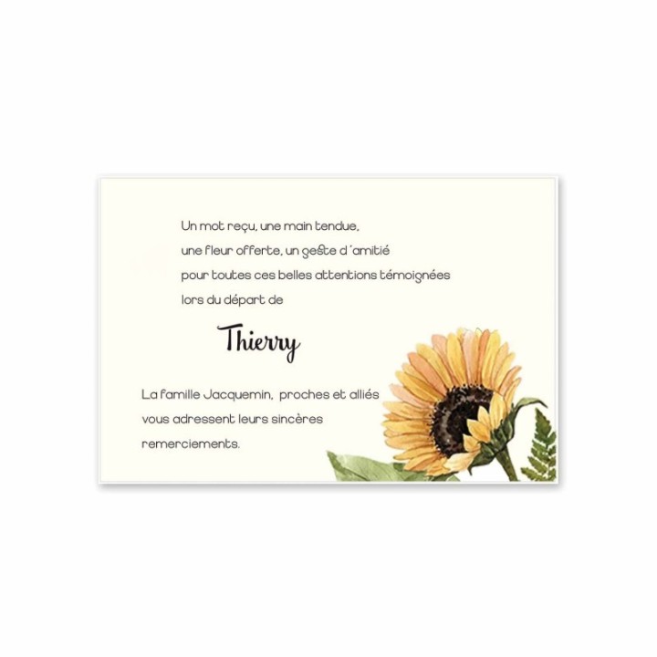 carte remerciements décès, sublime fleur de tournesol épanoui