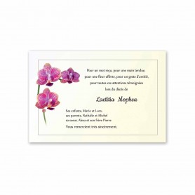 carte remerciements décès,  branche de 3 orchidées roses fondues