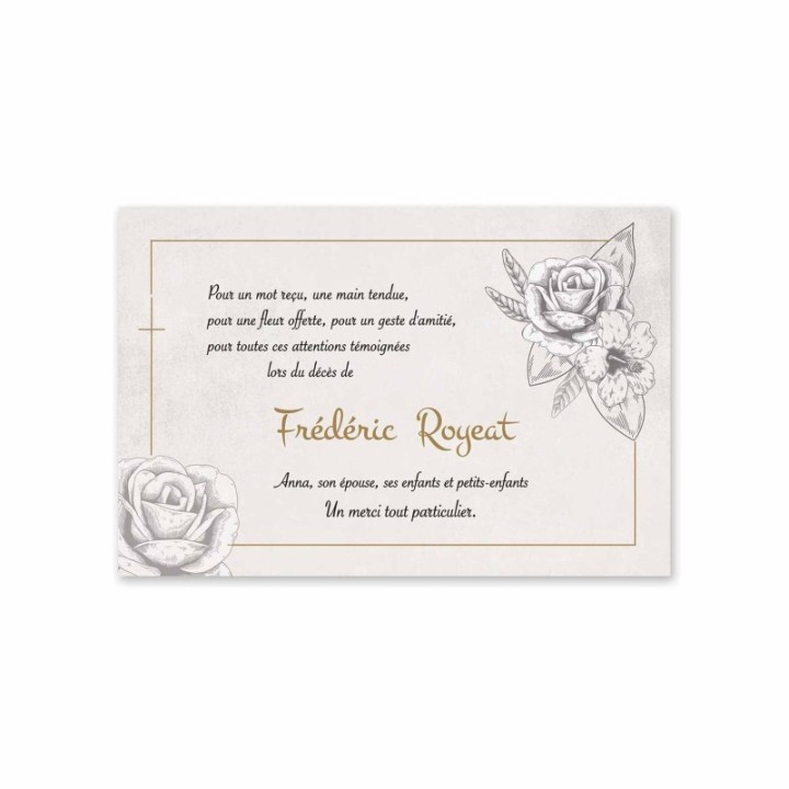 Remerciements décès personnalise vintage  Rose en bouton  Bianca noire, dorée