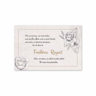 carte remerciements décès vintage bouton de rose Bianca noire, dorée