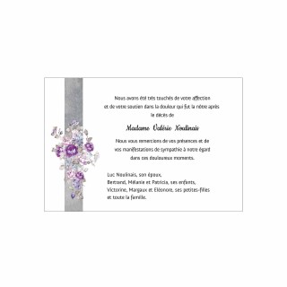 carte remerciements décès,  bouquet de  violettes, bandeau gris marbré