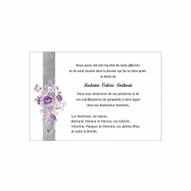 carte remerciements décès,  bouquet de  violettes, bandeau gris marbré