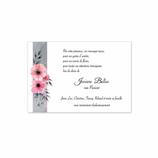 carte remerciements décès, tradition, jolies fleurs roses, sur voile gris  imprimeur-graveur-des-alpes.fr