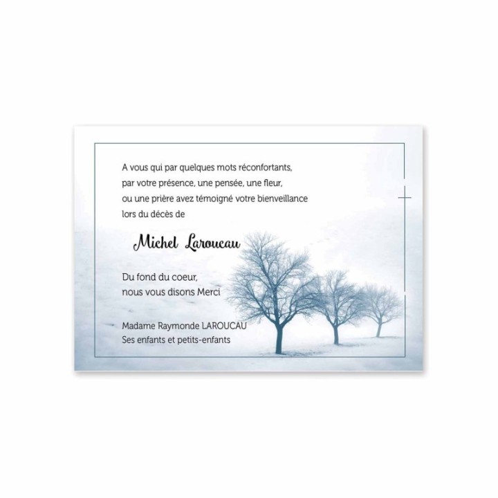 cartes remerciements  décès, paysage au chemin 3 arbres