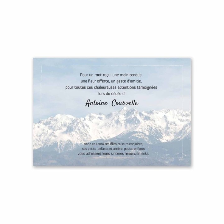 Carte remerciements décès de la Montagne de la chaine Belledonne