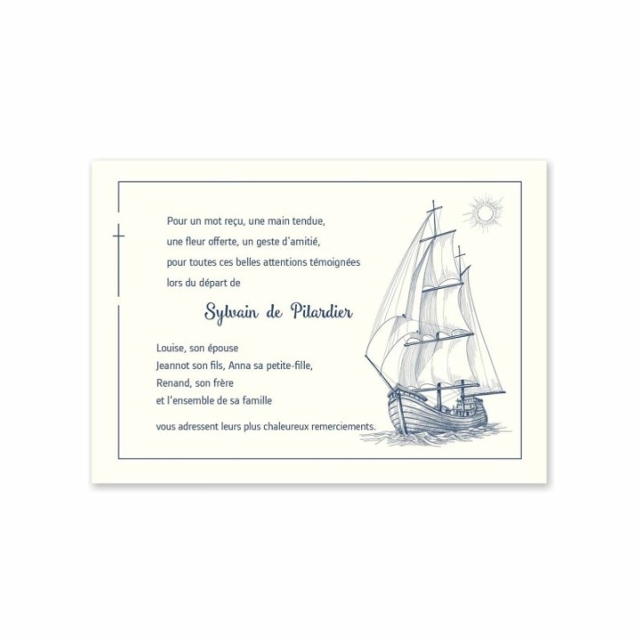 carte remerciements décès, voyage sur le voilier ancien