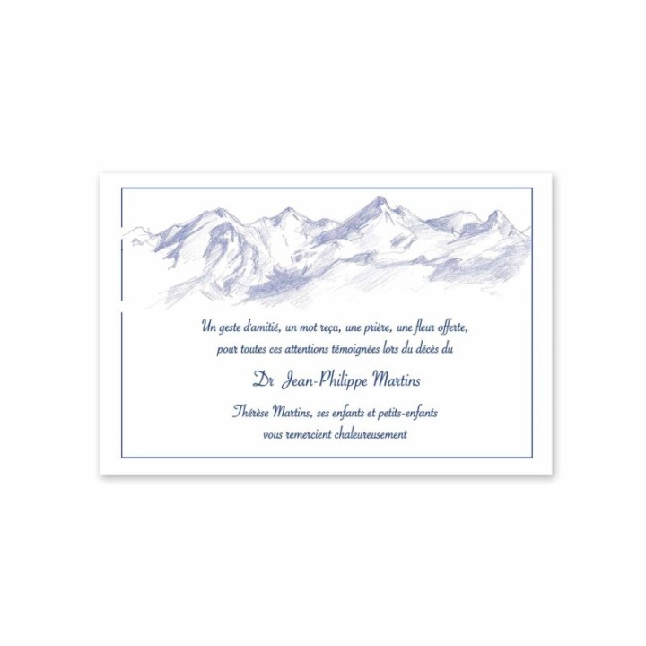 carte remerciements décès esquisse crayonnée à la  main la Montagne chaine Belledonne.
