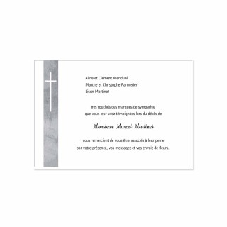 carte remerciements décès de tradition bandeau  gris et croix catholique