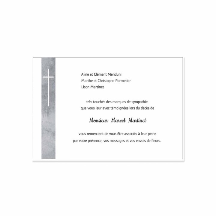 carte remerciements décès de tradition bandeau  gris et croix catholique