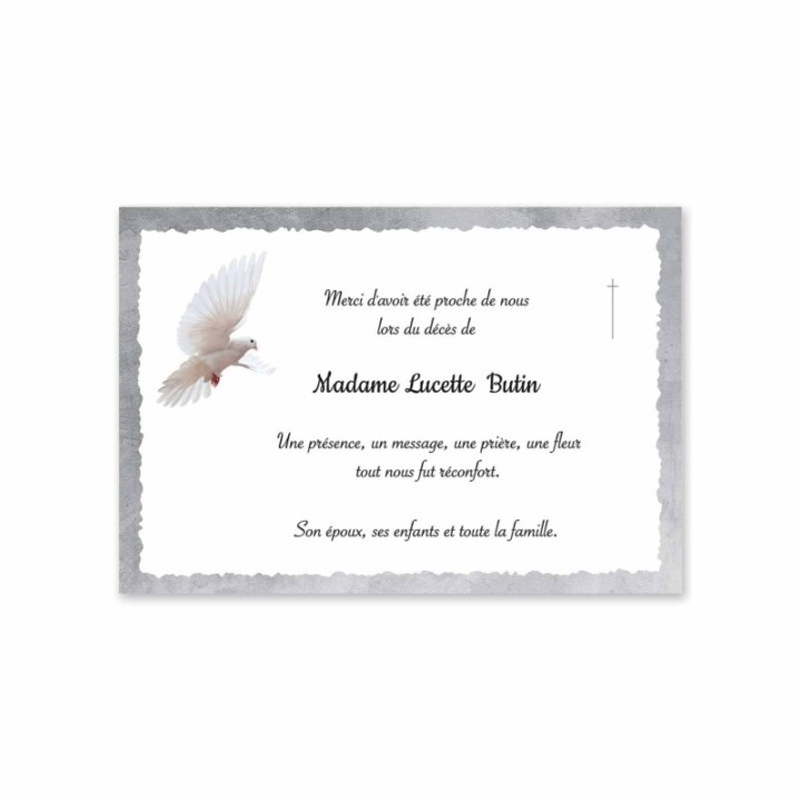 Remerciements de condoléances, belle colombe en envol
