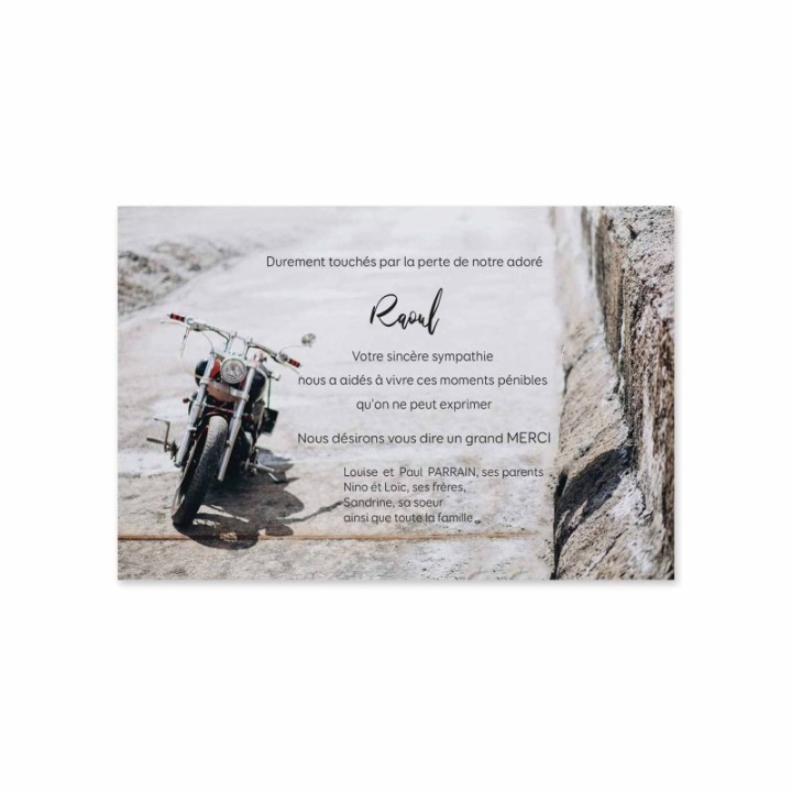 CARTE REMERCIEMENTS DÉCÈS LA PASSION DE LA MOTO ET DU VOYAGE
