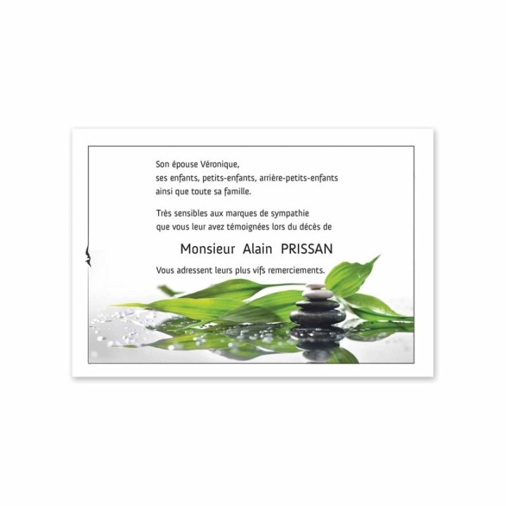 carte remerciements décès condoléances, Zen Galets  noir feuillages sur l’eau