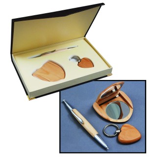 coffret parure en bois gravé stylo bille, porte-clé cœur et miroir en bois de hêtre