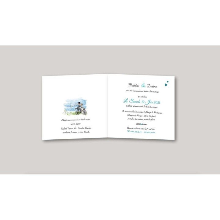 Faire part invitation mariage  sur le vélo en pleine nature. en route vers de nouvelles aventures