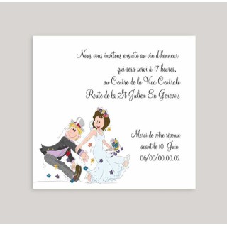 carte invitation au dîner humour, La mariée tire son amoureux  pour les noces  de mariage.