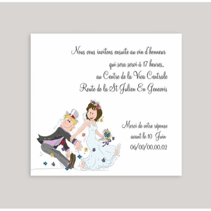 carte invitation au dîner humour, La mariée tire son amoureux  pour les noces  de mariage.