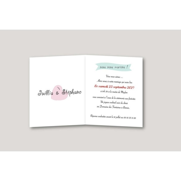 FAIRE PART invitation  MARIAGE, les mariés se photographie sur un banc, ROSITA