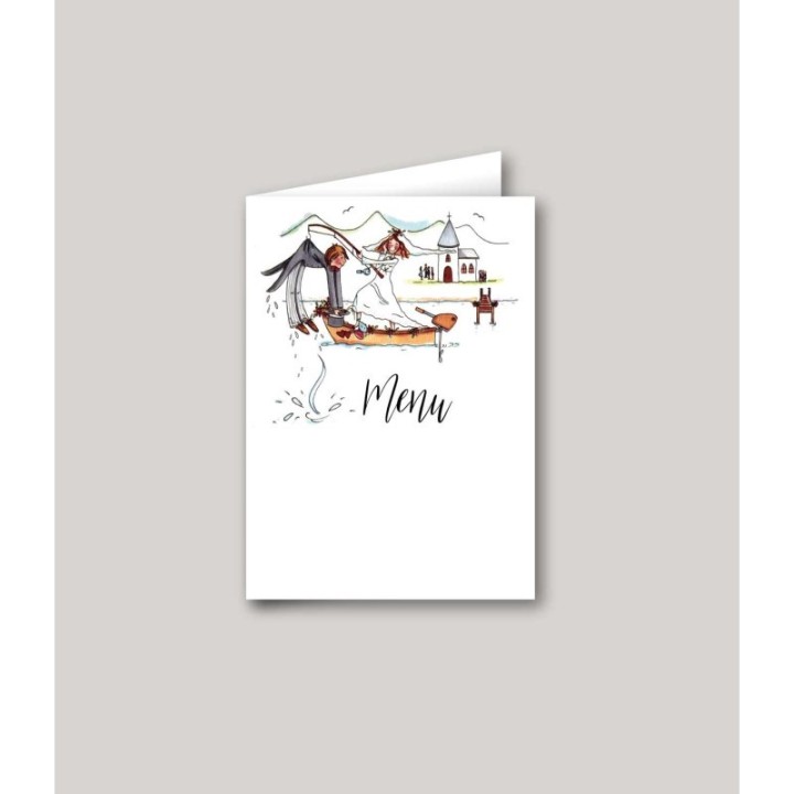 MENU MARIAGE Humour sur une barque la mariée Pioche