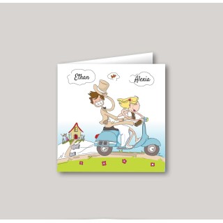 FAIRE PART MARIAGE EN VESPA BLEU POUR LE VOYAGE AMOUREUX SULLY