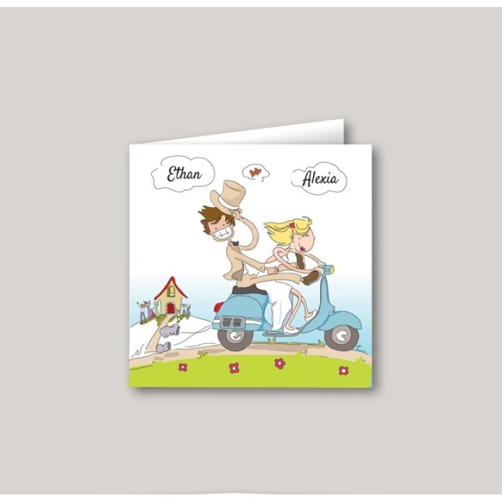 FAIRE PART MARIAGE EN VESPA BLEU POUR LE VOYAGE AMOUREUX SULLY