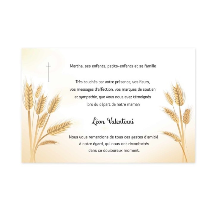 carte remerciements décès Deuil,  brin de blé croix de religion.