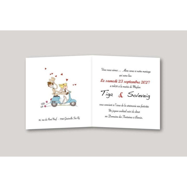 FAIRE PART MARIAGE EN VESPA BLEU POUR LE VOYAGE AMOUREUX scooter