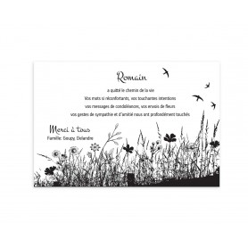 carte remerciements décès condoléances,  champs de fleurs en noir et blanc