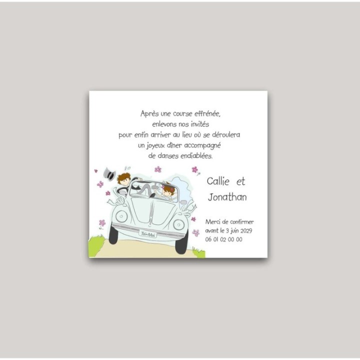 INVITATION MARIAGE  LES MARIES VOYAGE EN VOITURE  COCCINELLE DESSIN TENDRE ET HUMOUR