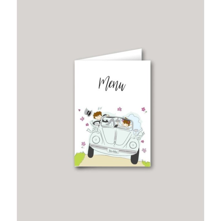 CARTE MENU MARIAGE LES MARIES EN VOYAGE DANS UNE COCCINELLE DESSIN HUMOUR ET TENDRE