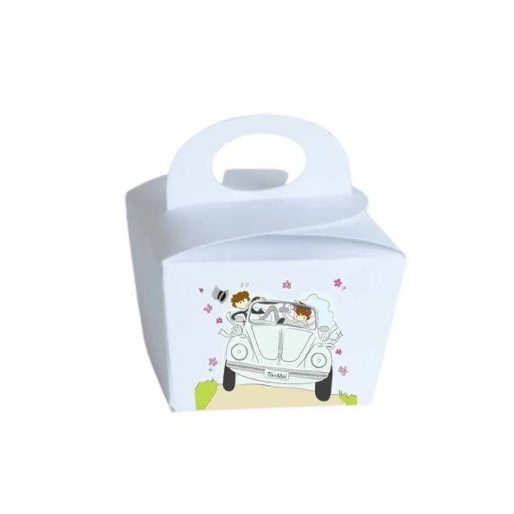 BOITE DRAGEE MARIAGE  LES MARIES EN VOYAGE DANS UNE COCCINELLE DESSIN HUMOUR ET TENDRE