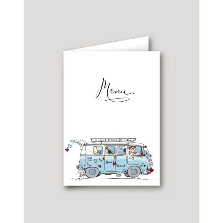 MENU MARIAGE  ILLUSTRE D’UN COMBI SPLIT BLEU VINTAGE CRÉATION 
 MADE IN GRENOBLE