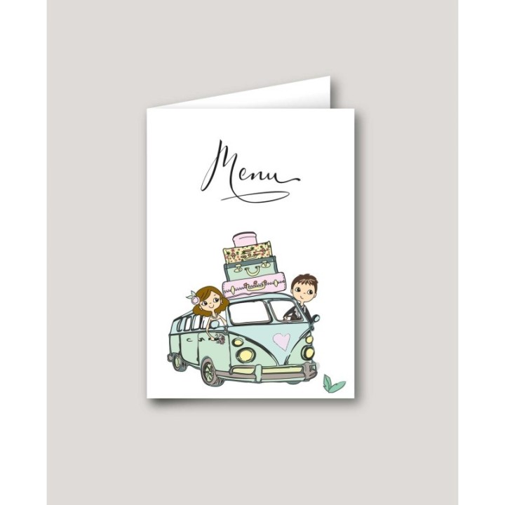 CARTE MENU MARIAGE  ILLUSTRE  COMBI TUBE VERT D’EAU ESPRIT VOYAGE