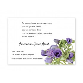 carte décès, remerciements de condoléances bouquet de fleurs violettes.
