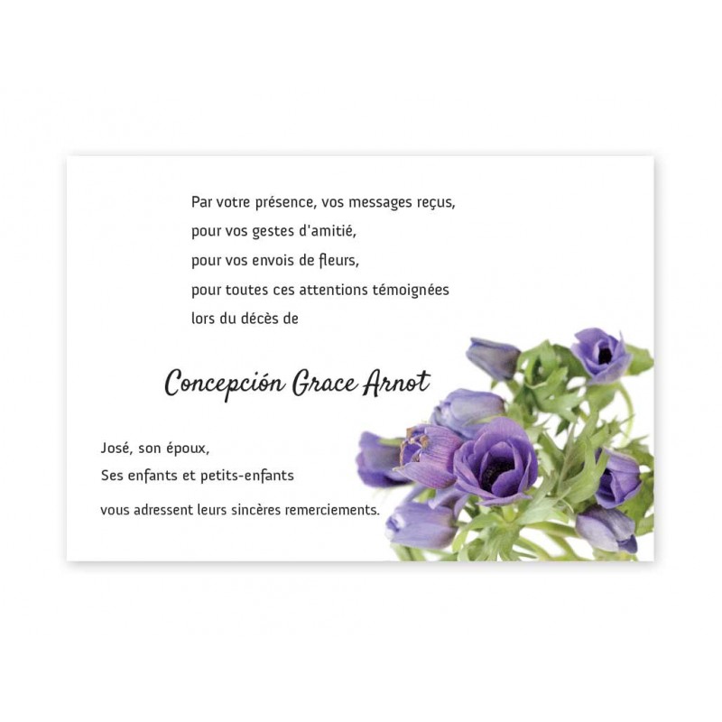 Carte de condoléances le merci au bouquet de fleurs violettes sauvages