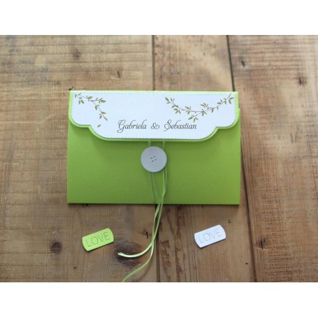 Faire-part mariage, POCHETTE LUXUEUSE,  BIS COULEUR  BLANC ET VERT ANIS FERMETURE BOUTON 3D