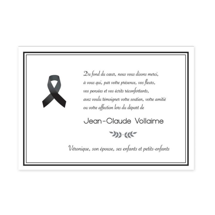carte remerciements décès condoléances,  RUBAN SATIN NOIR  PORTE DEUIL