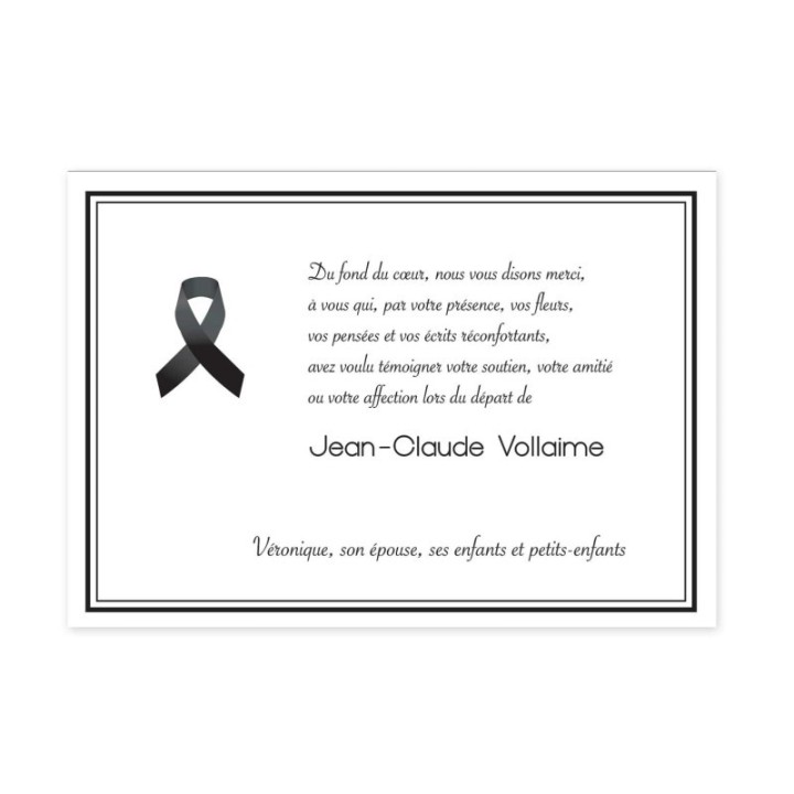 cartes remerciements décès  et condoléance,  RUBAN SATIN de tristesse   suite au deuil